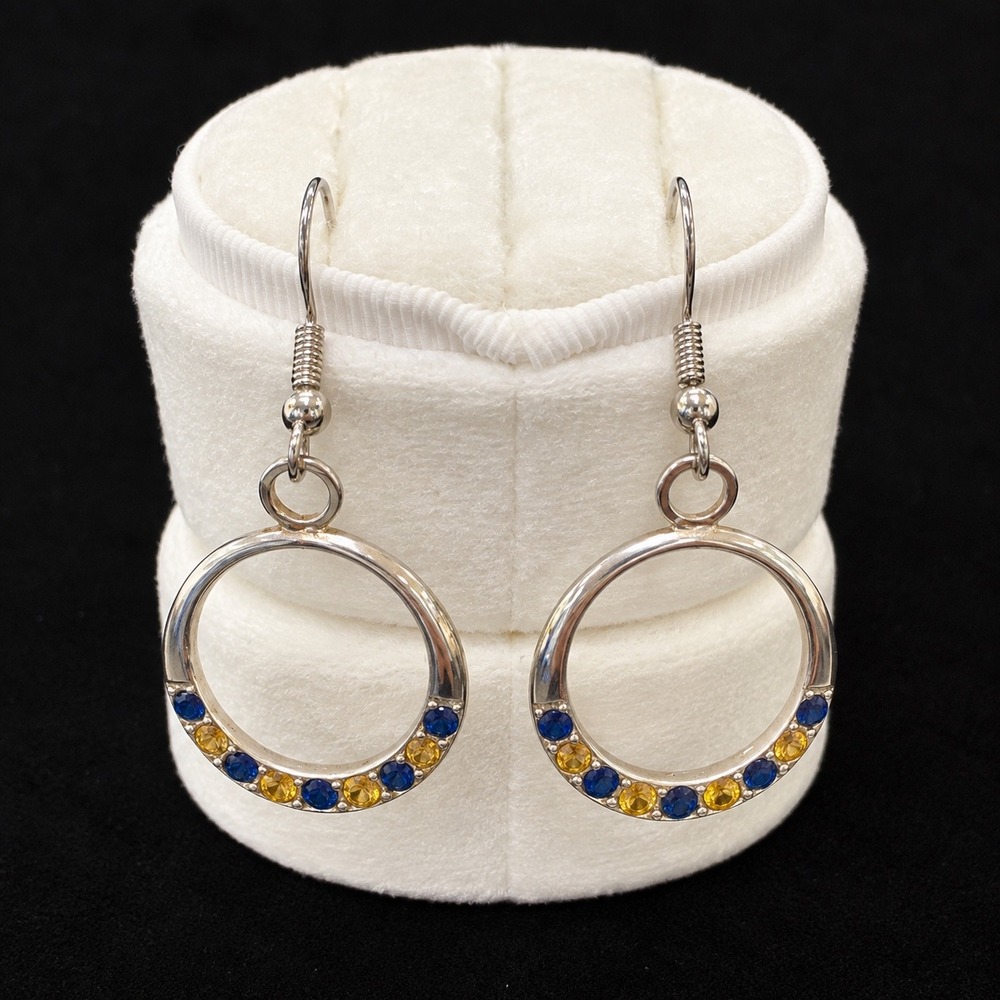 Hoop Dangle Earrings Blue Yellow Crystal Silver Tone Round Drop French Hook